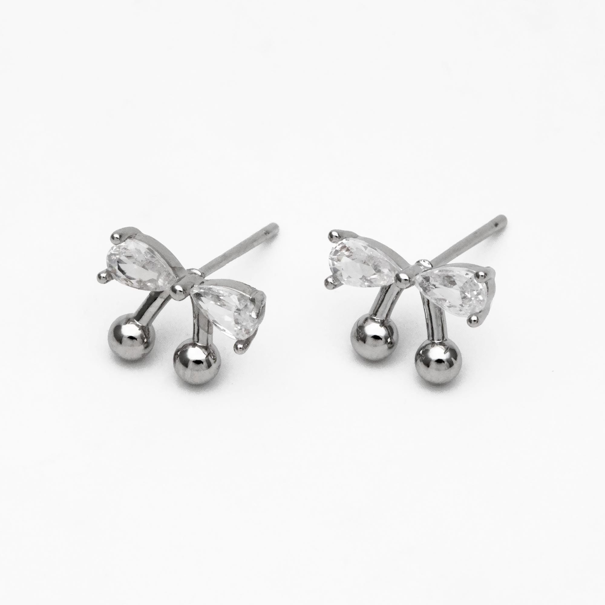 4pcs CZ Pave Gold/ Silver Tone Bowknot Earrings, 18K Real Gold/ Rhodium plated Brass, Bow Knot Stud Earring (GB-4506)